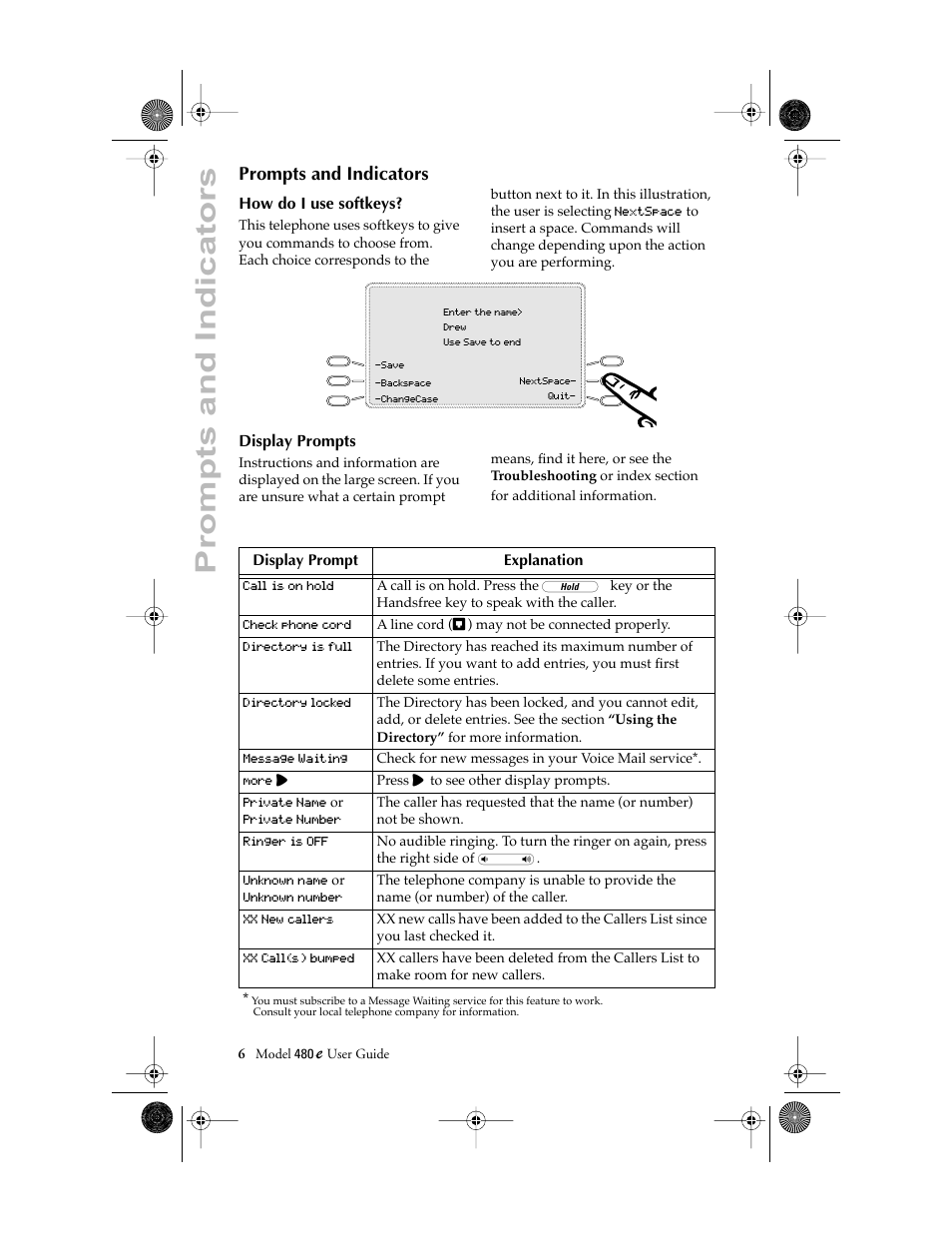 Prompts and indicators | Aastra Telecom 480E User Manual | Page 8 / 24