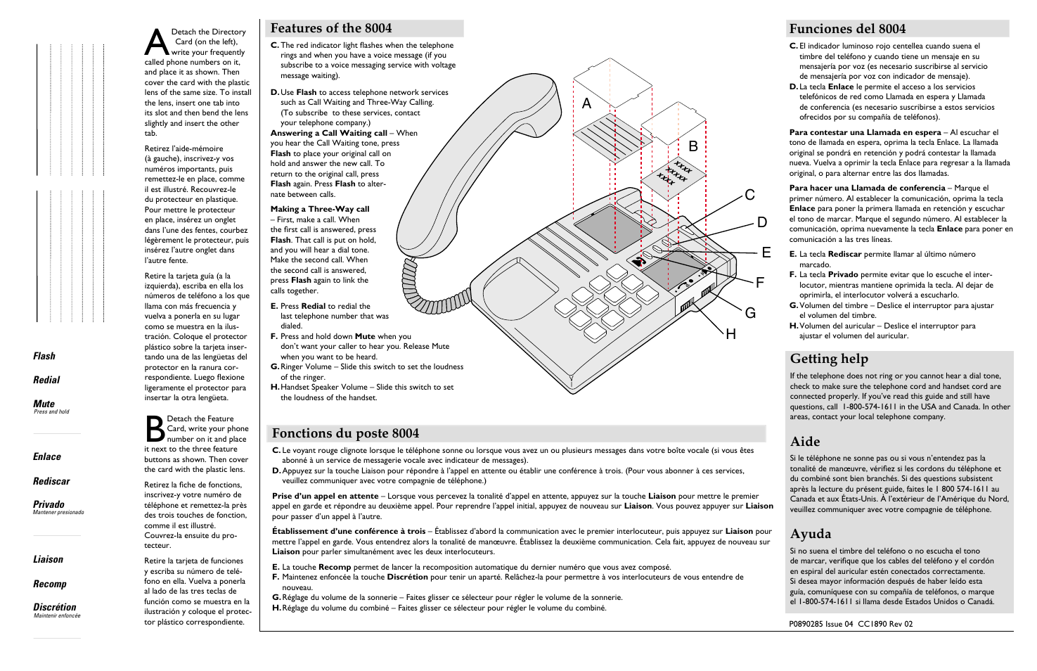 Features of the 8004, Fonctions du poste 8004, Getting help | Aide, Ayuda, Funciones del 8004 | Aastra Telecom 8004 User Manual | Page 2 / 2