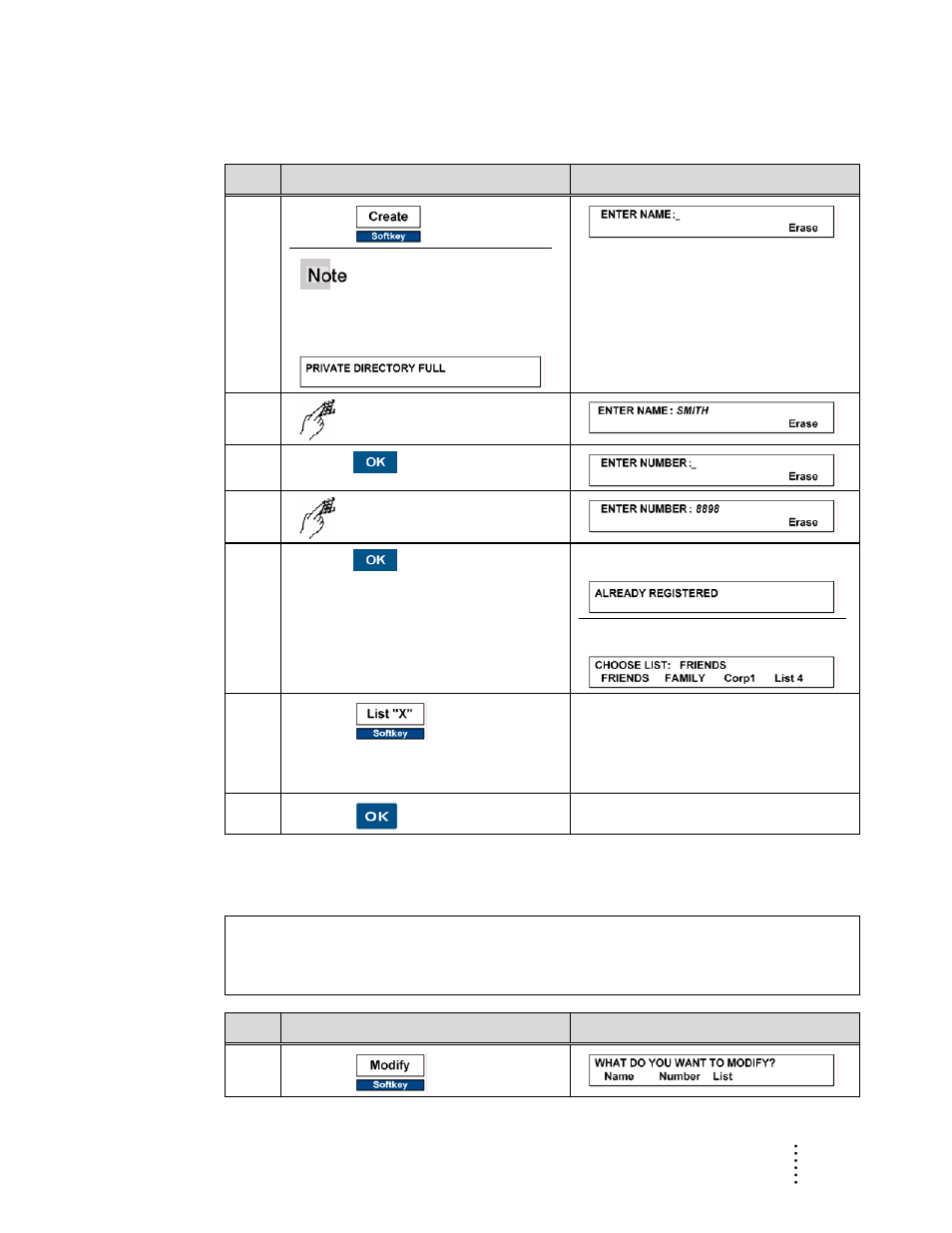 Create an entry in the private directory, Modify a record in the private directory | Aastra Telecom ITE-760 User Manual | Page 83 / 111