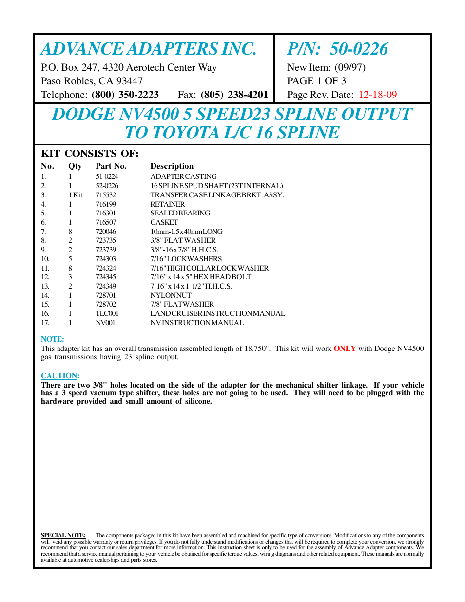 Advance Adapters 50-0226 User Manual | 3 pages