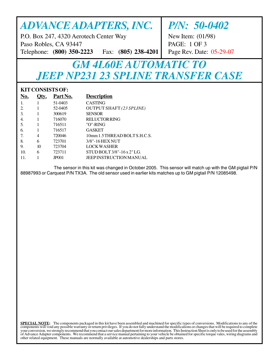 Advance Adapters 50-0402 User Manual | 3 pages