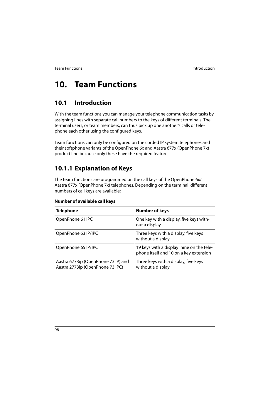 Team functions, 1 introduction, 1 explanation of keys | Introduction, Explanation of keys | Aastra Telecom 800 User Manual | Page 100 / 136