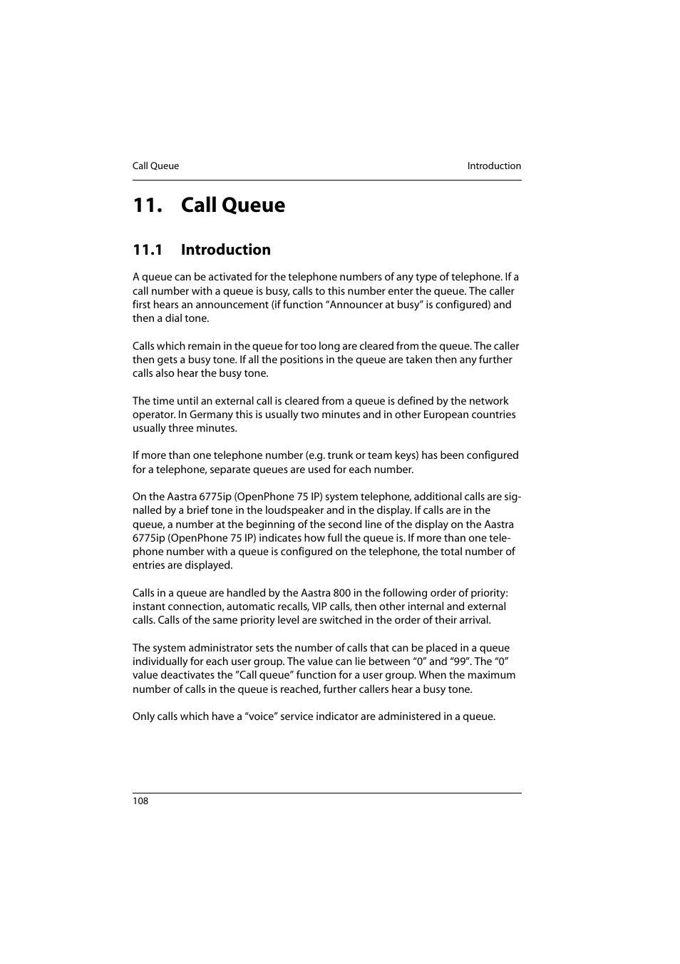 Call queue, 1 introduction, Introduction | Aastra Telecom 800 User Manual | Page 110 / 136