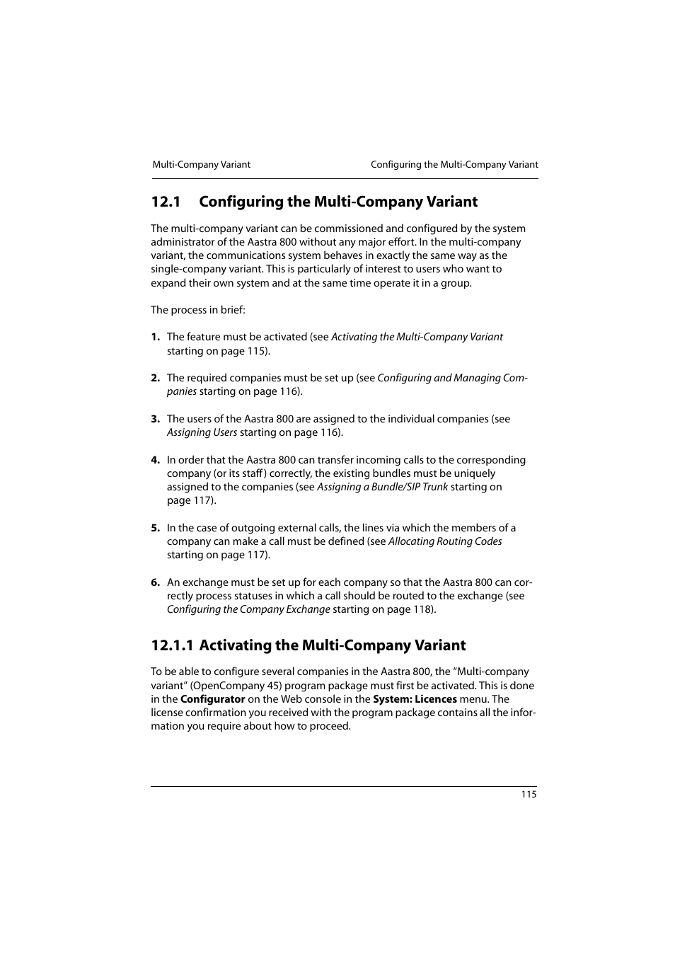 1 configuring the multi-company variant, 1 activating the multi-company variant, Configuring the multi-company variant | Activating the multi-company variant | Aastra Telecom 800 User Manual | Page 117 / 136