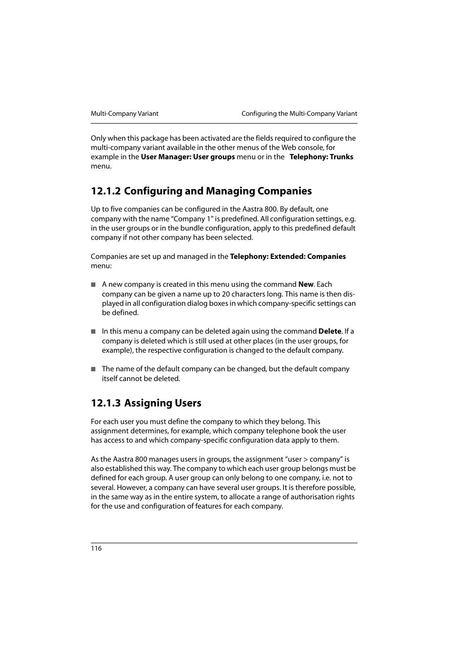 2 configuring and managing companies, 3 assigning users, Configuring and managing companies | Assigning users, Configuring and managing com | Aastra Telecom 800 User Manual | Page 118 / 136