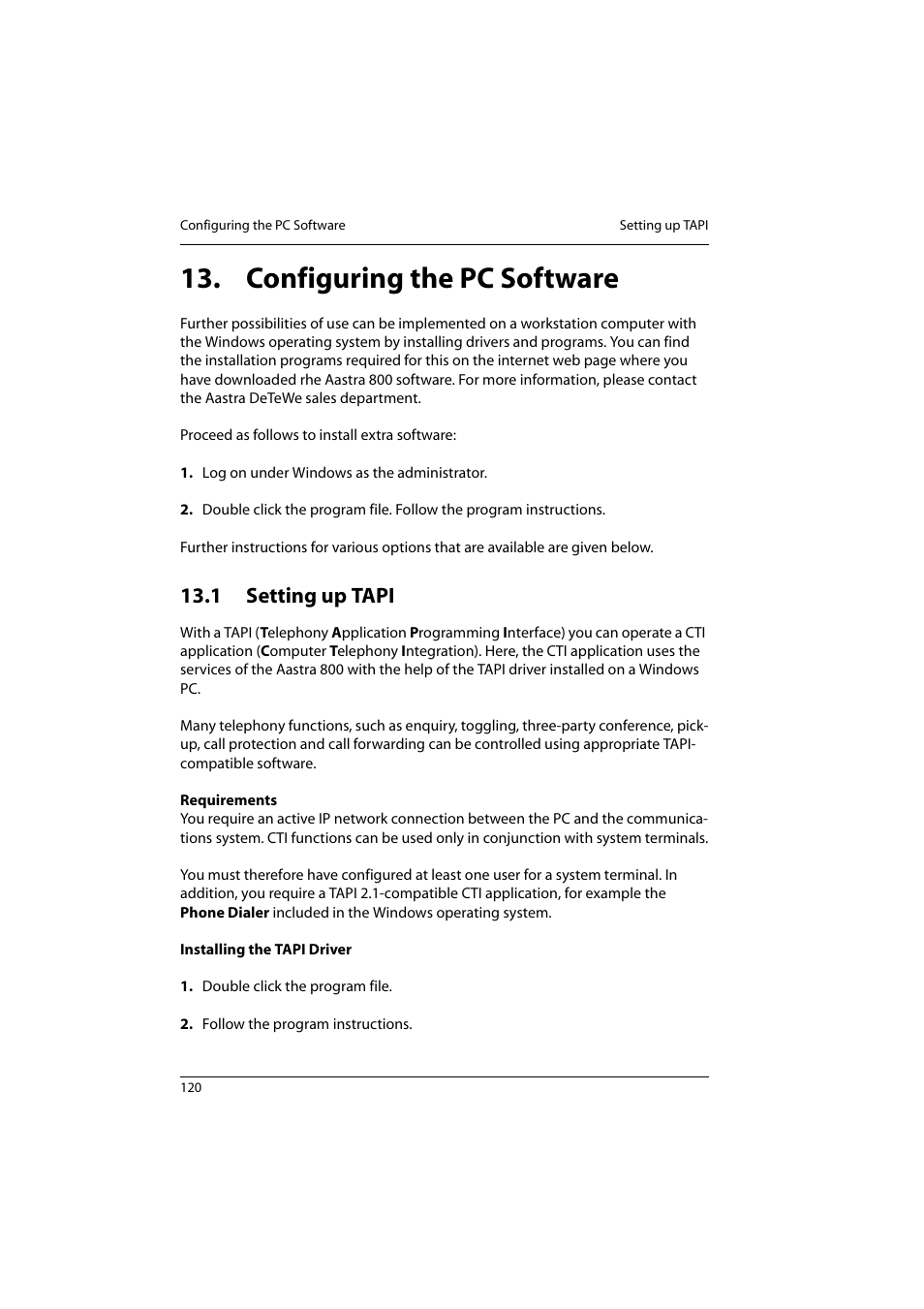 Configuring the pc software, 1 setting up tapi, Setting up tapi | Aastra Telecom 800 User Manual | Page 122 / 136