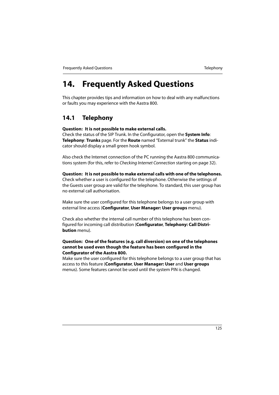 Frequently asked questions, 1 telephony, Telephony | Aastra Telecom 800 User Manual | Page 127 / 136