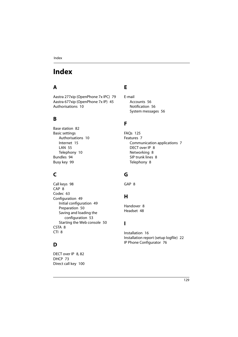 Index | Aastra Telecom 800 User Manual | Page 131 / 136