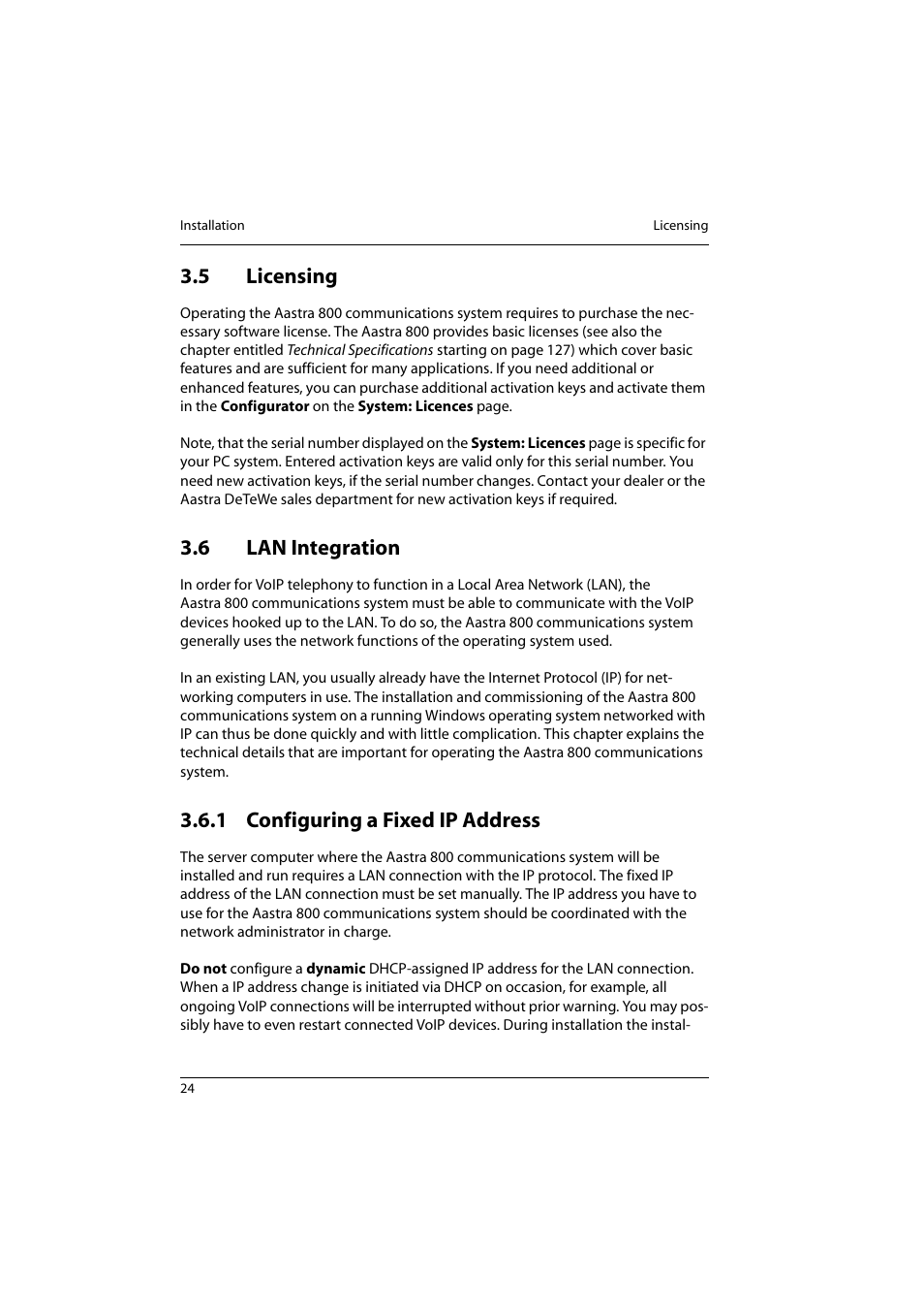 5 licensing, 6 lan integration, 1 configuring a fixed ip address | Licensing, Lan integration, Configuring a fixed ip address | Aastra Telecom 800 User Manual | Page 26 / 136