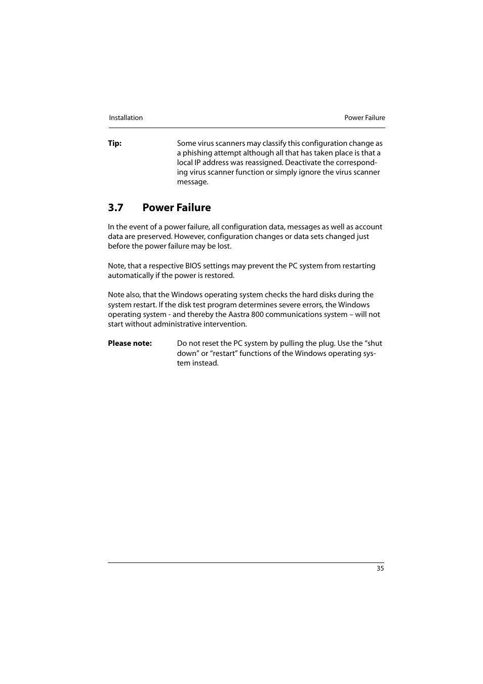 7 power failure, Power failure | Aastra Telecom 800 User Manual | Page 37 / 136