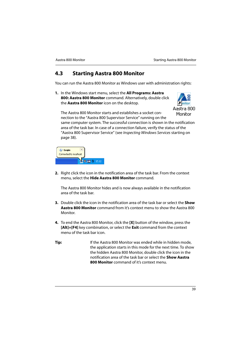 3 starting aastra 800 monitor, Starting aastra 800 monitor | Aastra Telecom 800 User Manual | Page 41 / 136