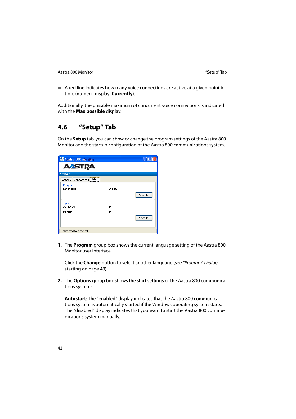 6 “setup” tab, Setup” tab | Aastra Telecom 800 User Manual | Page 44 / 136