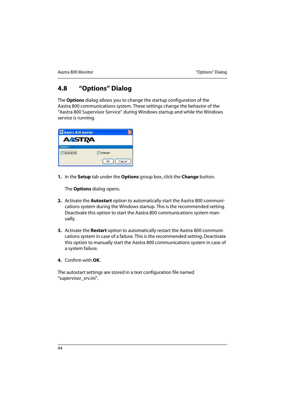 8 “options” dialog, Options” dialog | Aastra Telecom 800 User Manual | Page 46 / 136