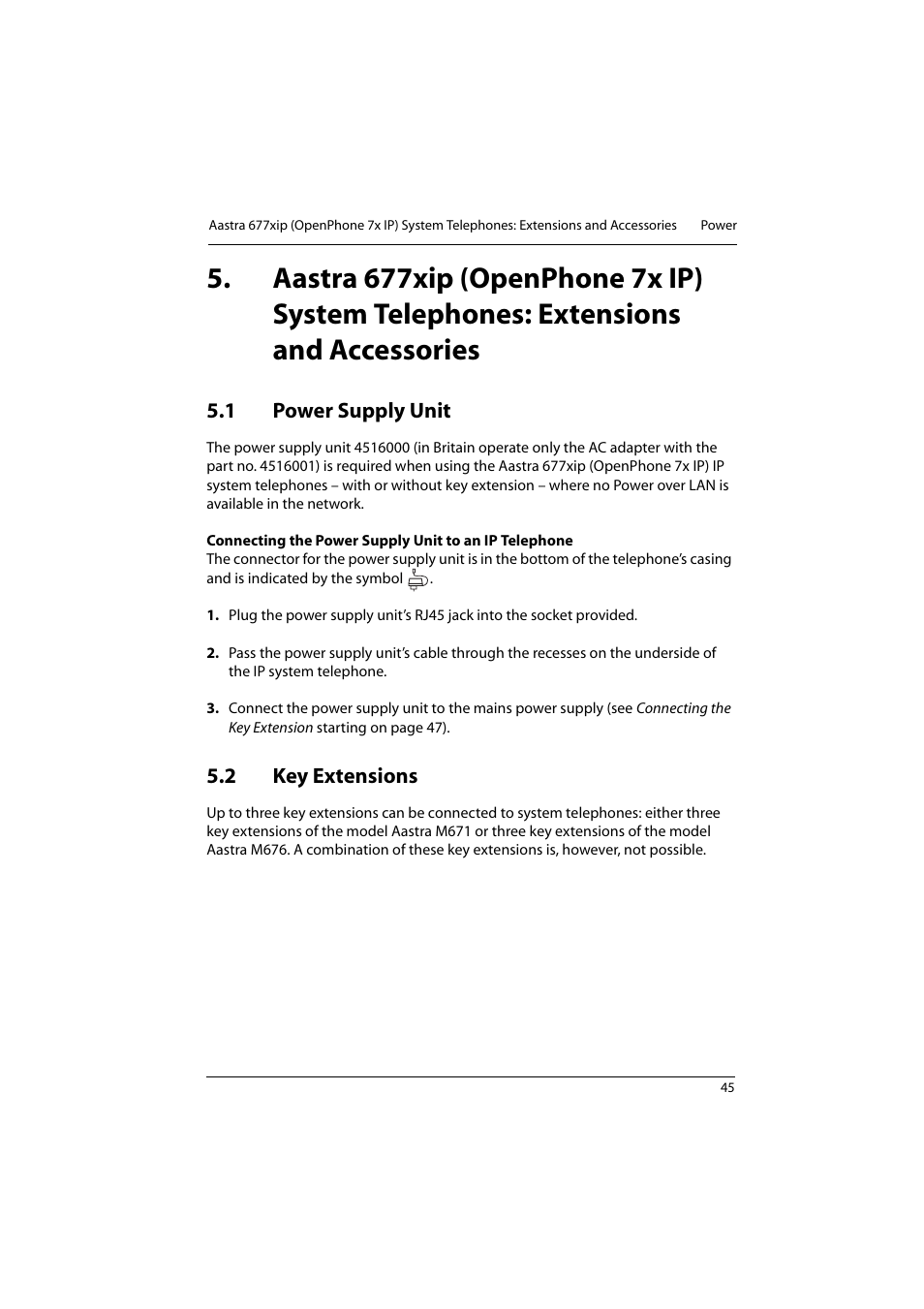 1 power supply unit, 2 key extensions, Power supply unit | Key extensions | Aastra Telecom 800 User Manual | Page 47 / 136