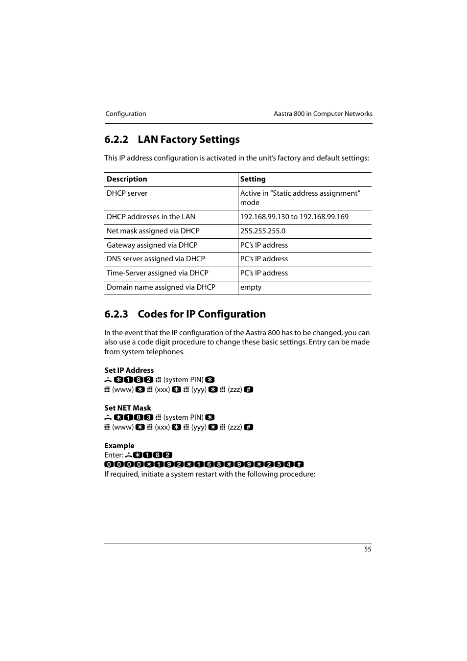 2 lan factory settings, 3 codes for ip configuration, Lan factory settings | Codes for ip configuration | Aastra Telecom 800 User Manual | Page 57 / 136