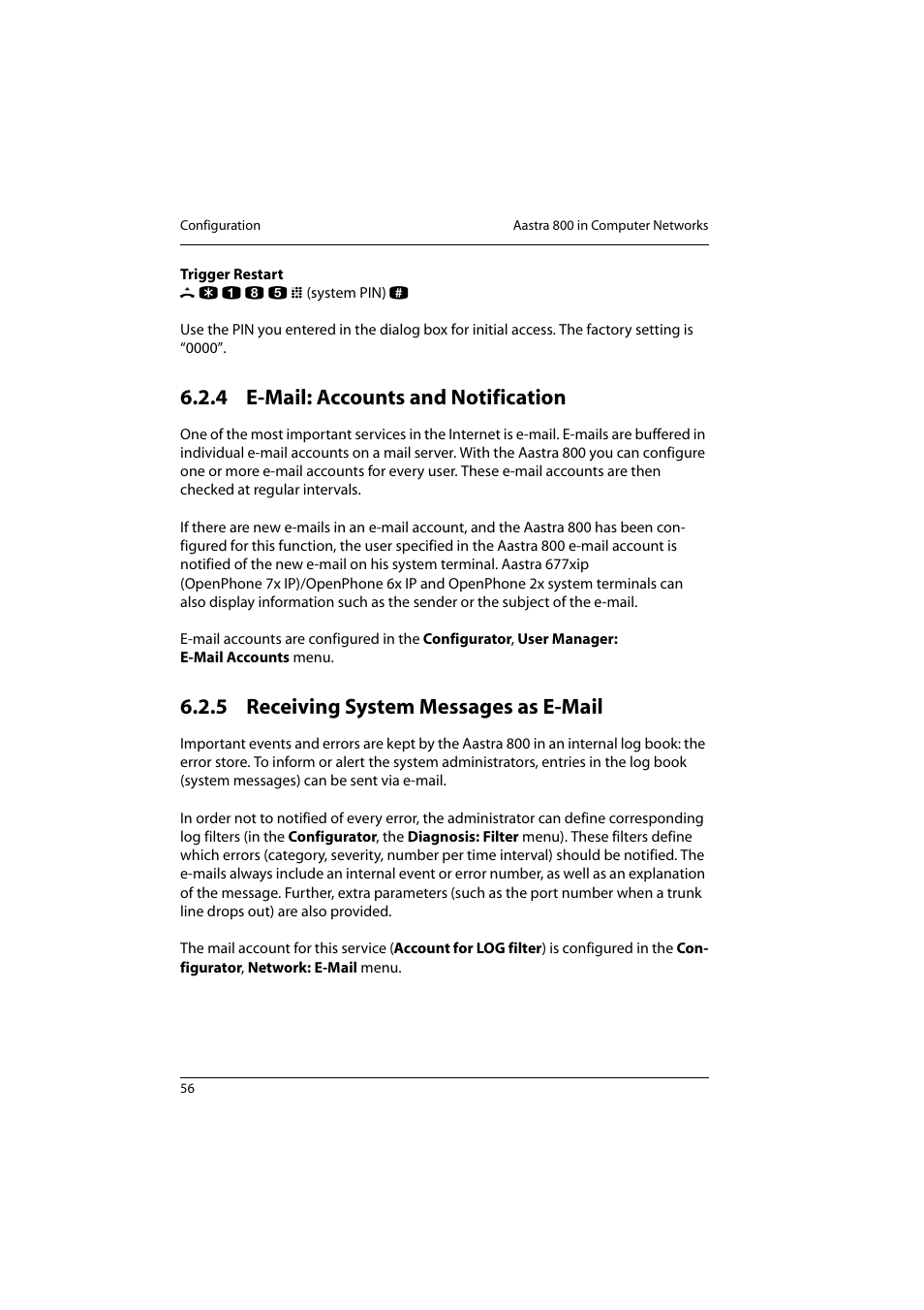 4 e-mail: accounts and notification, 5 receiving system messages as e-mail, E-mail: accounts and notification | Receiving system messages as e-mail | Aastra Telecom 800 User Manual | Page 58 / 136