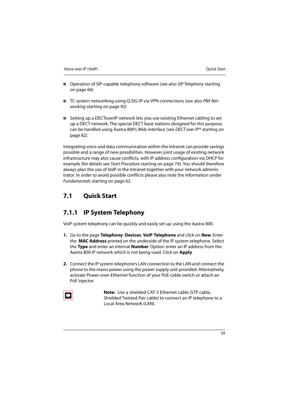 1 quick start, 1 ip system telephony, Quick start | Ip system telephony, 1 quick start 7.1.1 ip system telephony | Aastra Telecom 800 User Manual | Page 61 / 136