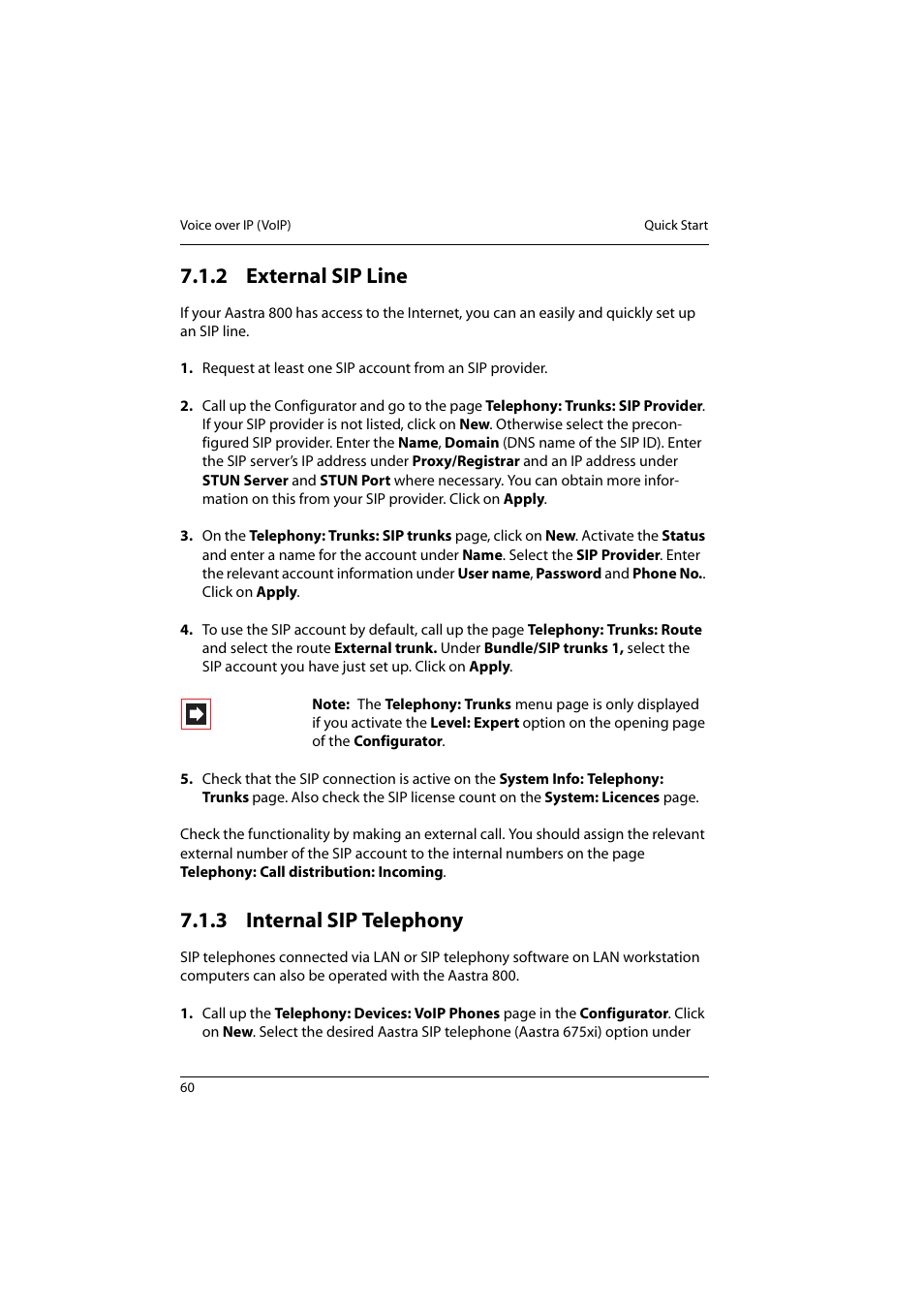 2 external sip line, 3 internal sip telephony, External sip line | Internal sip telephony | Aastra Telecom 800 User Manual | Page 62 / 136