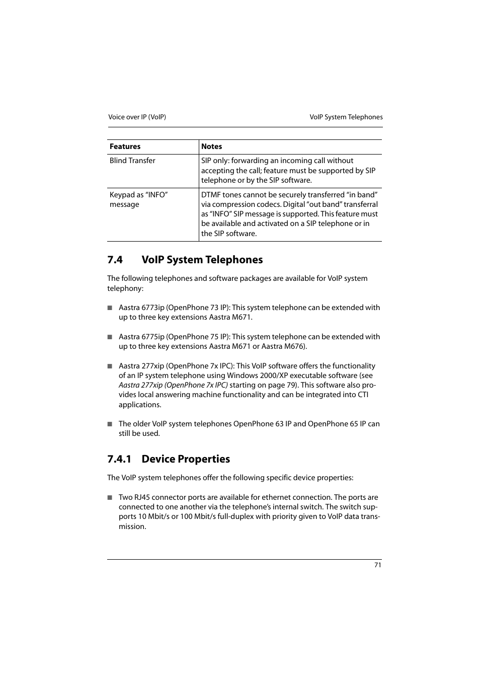 4 voip system telephones, 1 device properties, Voip system telephones | Device properties | Aastra Telecom 800 User Manual | Page 73 / 136