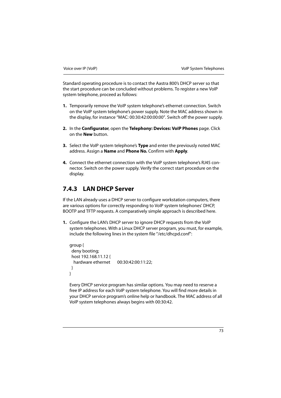 3 lan dhcp server, Lan dhcp server | Aastra Telecom 800 User Manual | Page 75 / 136