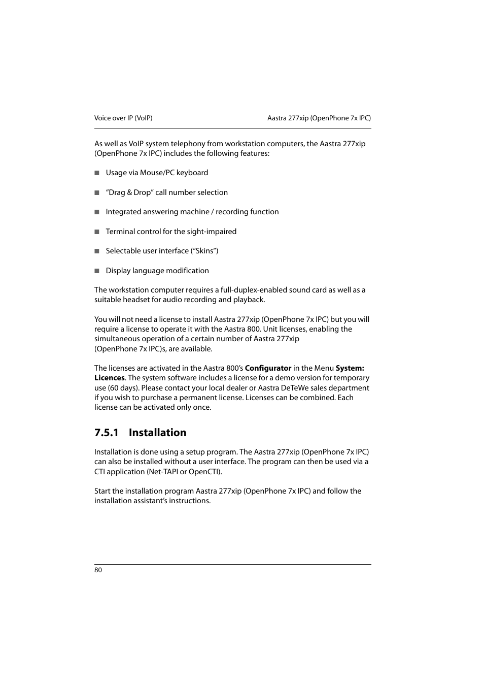 1 installation, Installation | Aastra Telecom 800 User Manual | Page 82 / 136