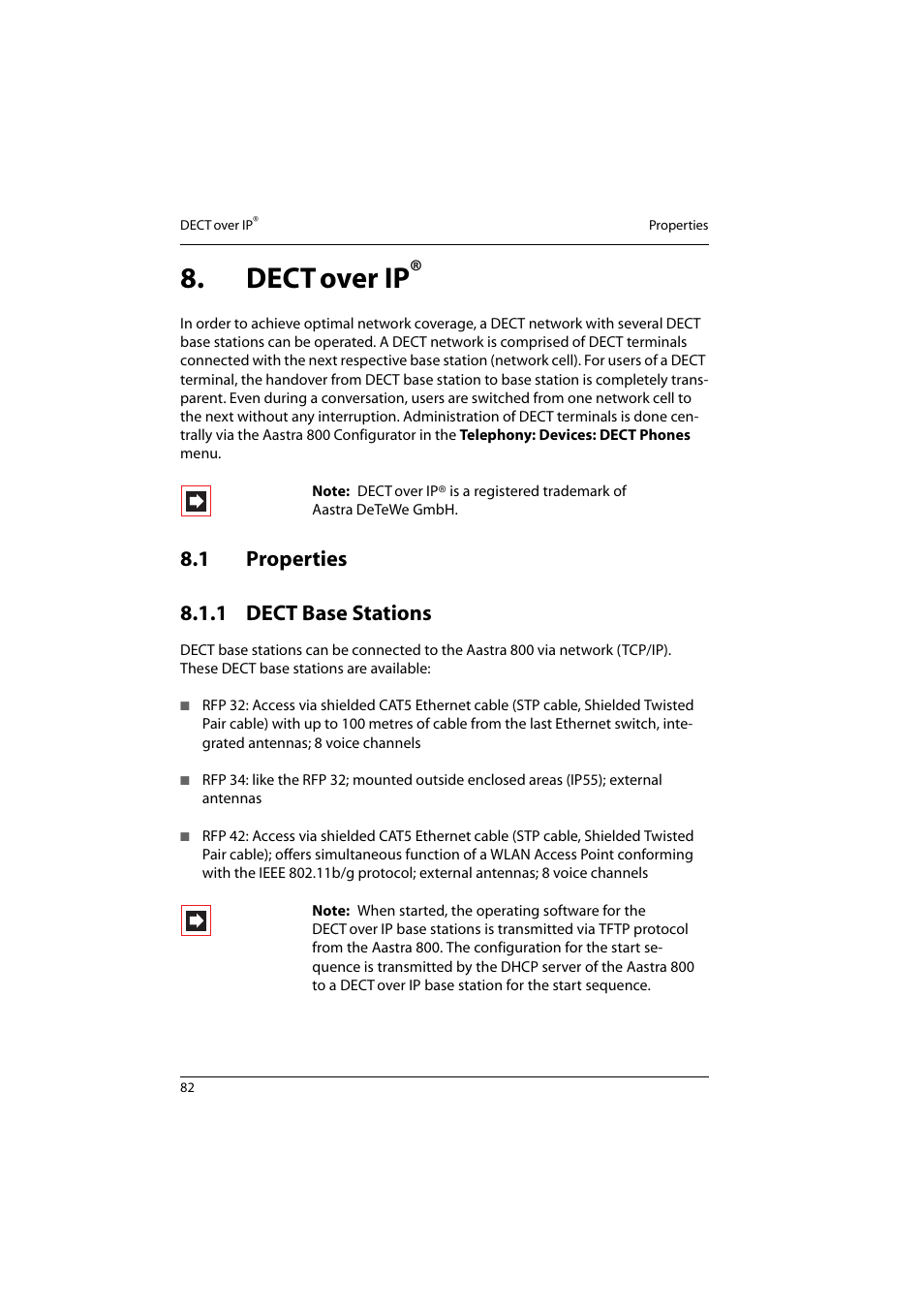 Dect over ip, 1 properties, 1 dect base stations | Properties, Dect base stations, 1 properties 8.1.1 dect base stations | Aastra Telecom 800 User Manual | Page 84 / 136