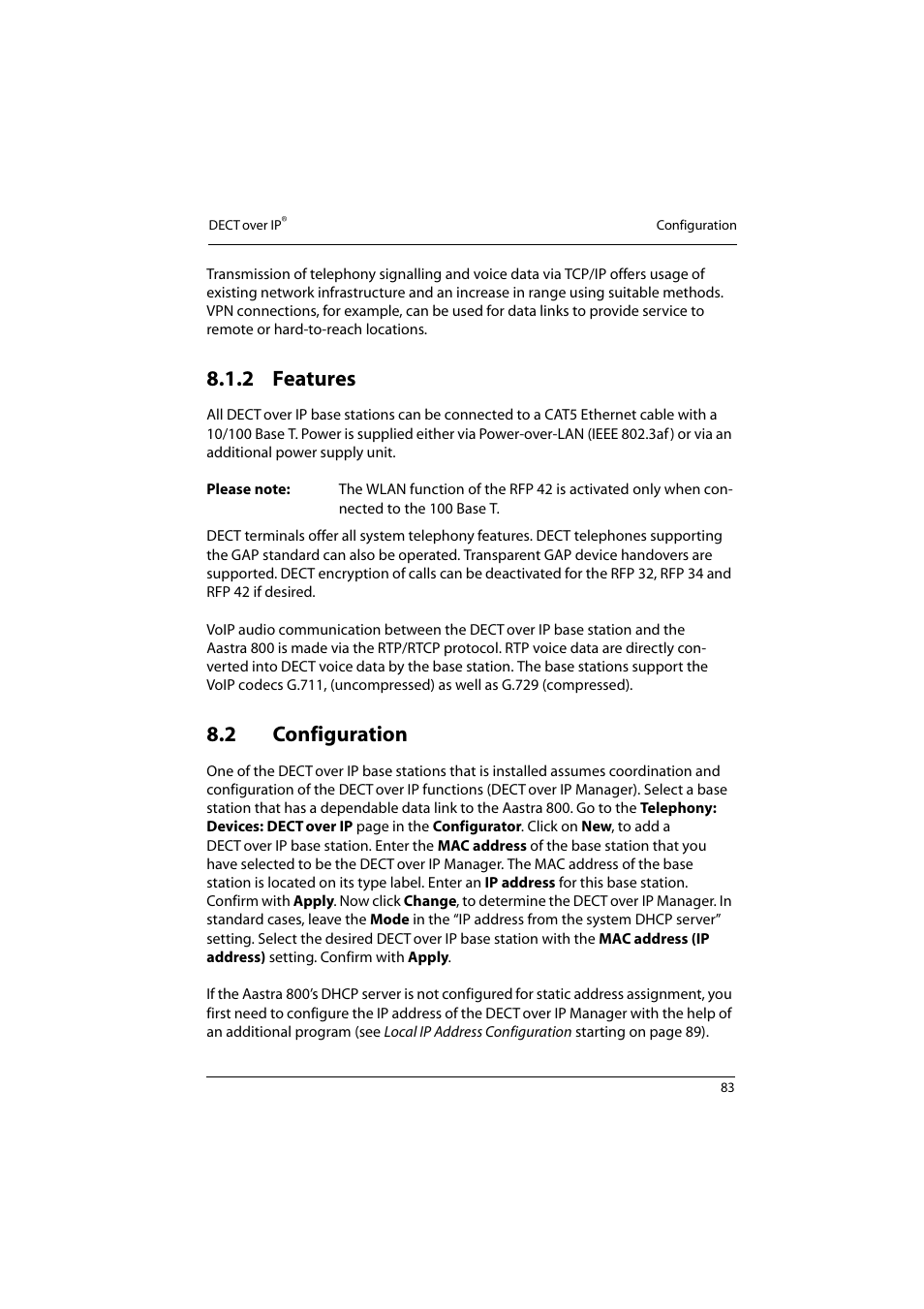 2 features, 2 configuration, Features | Configuration | Aastra Telecom 800 User Manual | Page 85 / 136