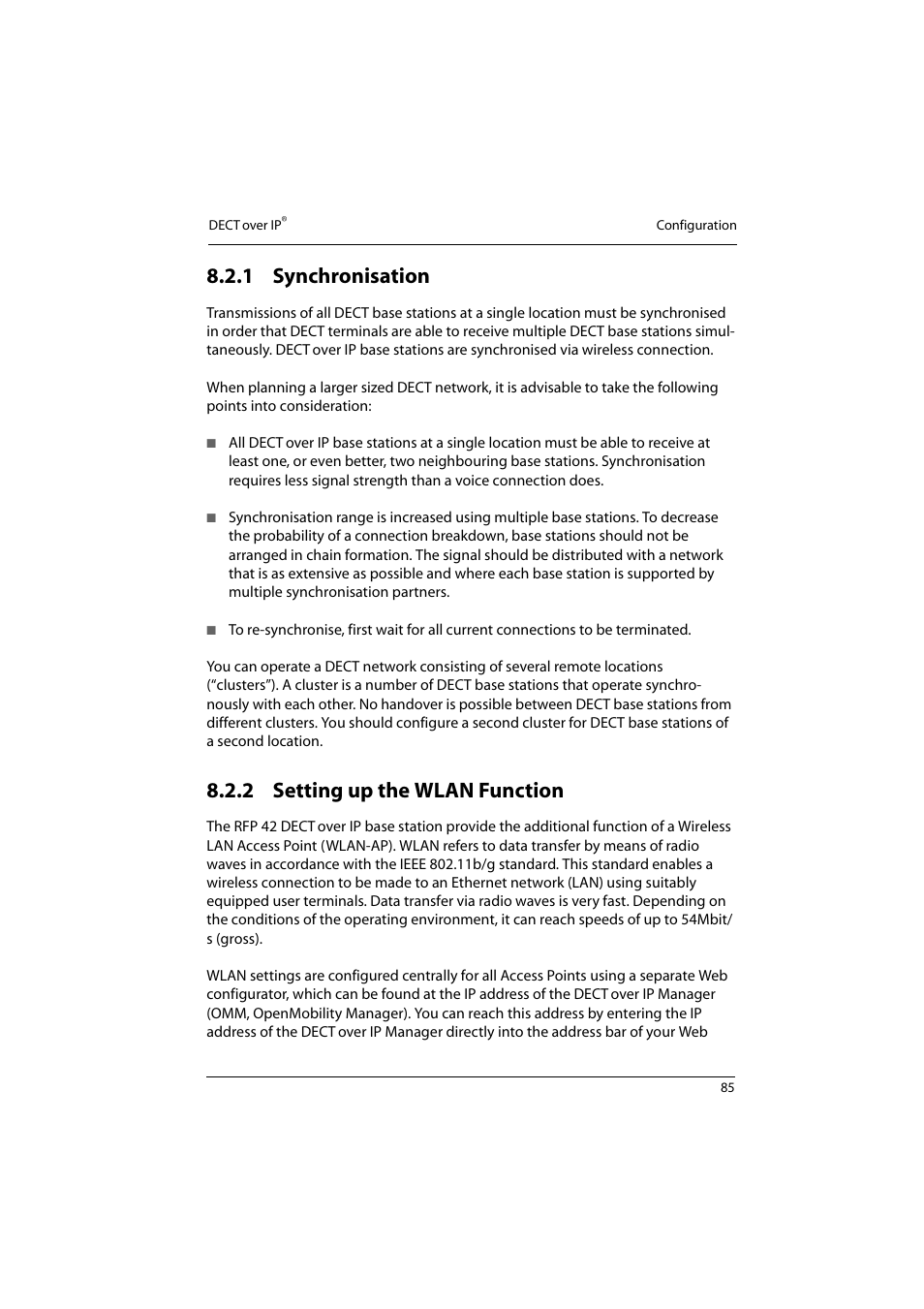 1 synchronisation, 2 setting up the wlan function, Synchronisation | Setting up the wlan function | Aastra Telecom 800 User Manual | Page 87 / 136