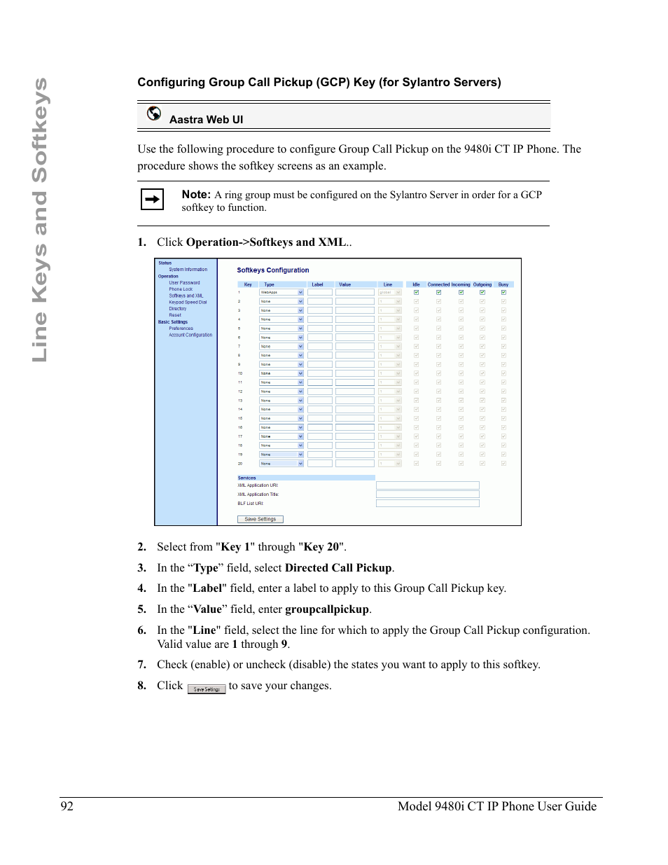 Line keys and softkeys | Aastra Telecom 9480i CT User Manual | Page 102 / 290