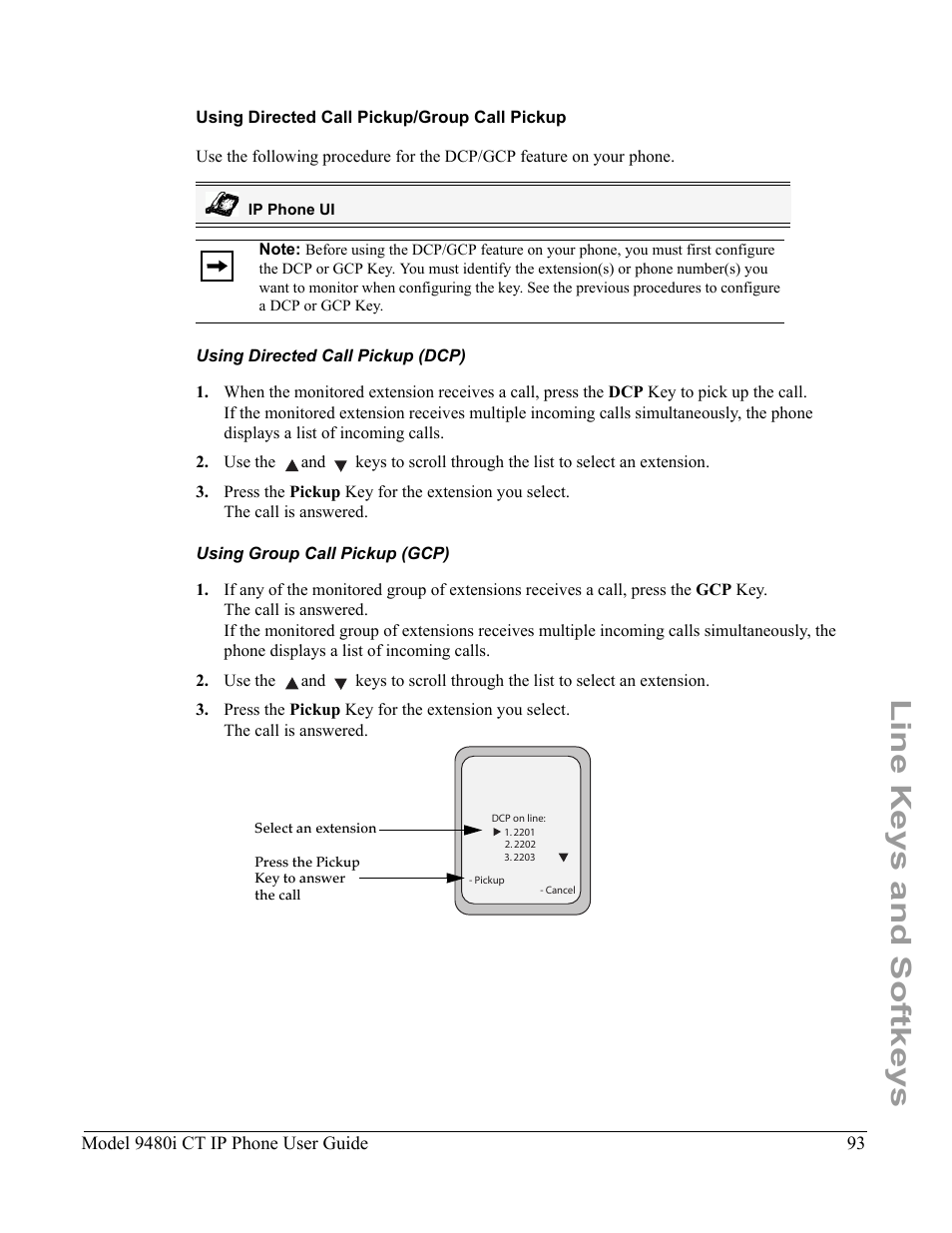 Using directed call pickup/group call pickup, Using directed call pickup (dcp), Using group call pickup (gcp) | Line keys and softkeys | Aastra Telecom 9480i CT User Manual | Page 103 / 290