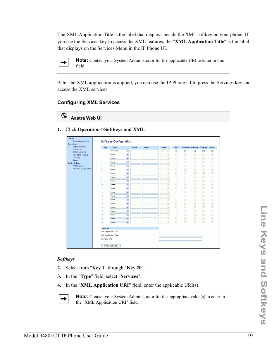 Configuring xml services, Line keys and softkeys | Aastra Telecom 9480i CT User Manual | Page 105 / 290