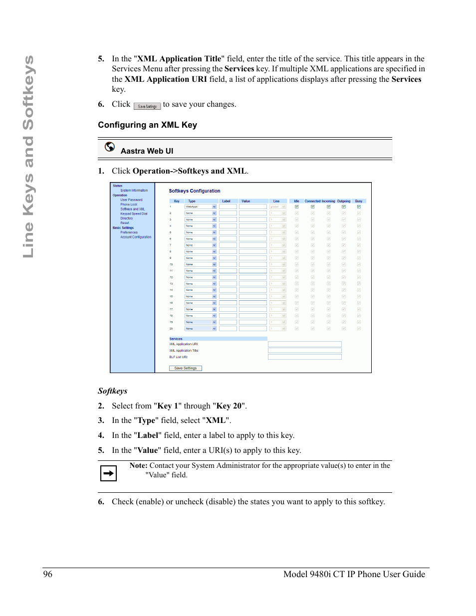 Configuring an xml key, Line keys and softkeys | Aastra Telecom 9480i CT User Manual | Page 106 / 290