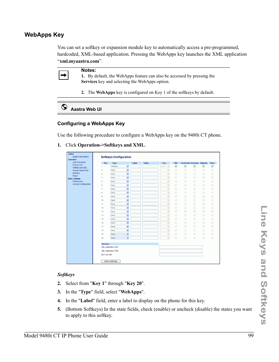 Webapps key, Configuring a webapps key, Line keys and softkeys | Aastra Telecom 9480i CT User Manual | Page 109 / 290