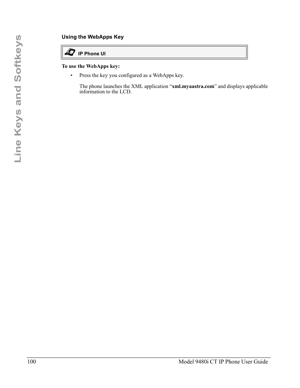 Using the webapps key, Line keys and softkeys | Aastra Telecom 9480i CT User Manual | Page 110 / 290