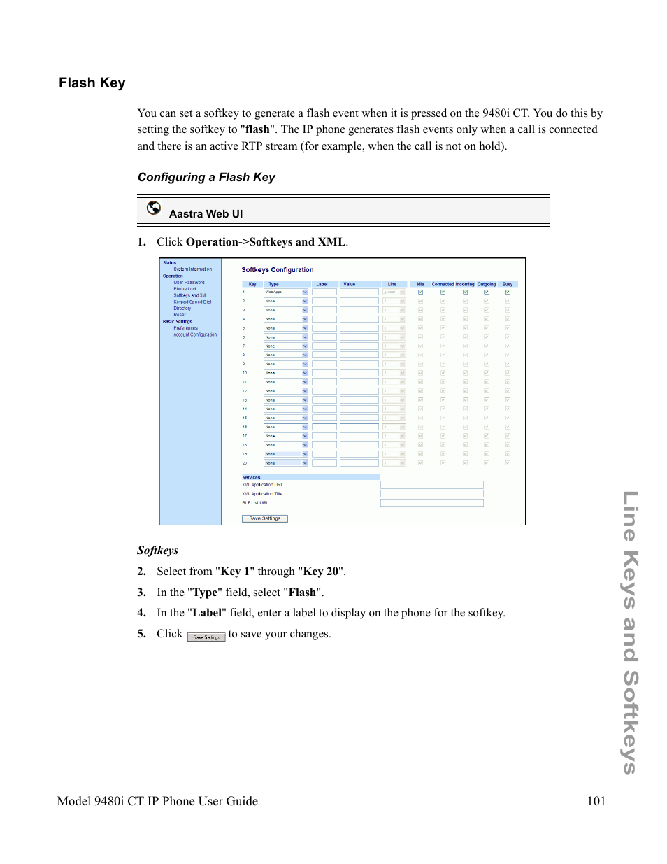 Flash key, Configuring a flash key, Line keys and softkeys | Aastra Telecom 9480i CT User Manual | Page 111 / 290