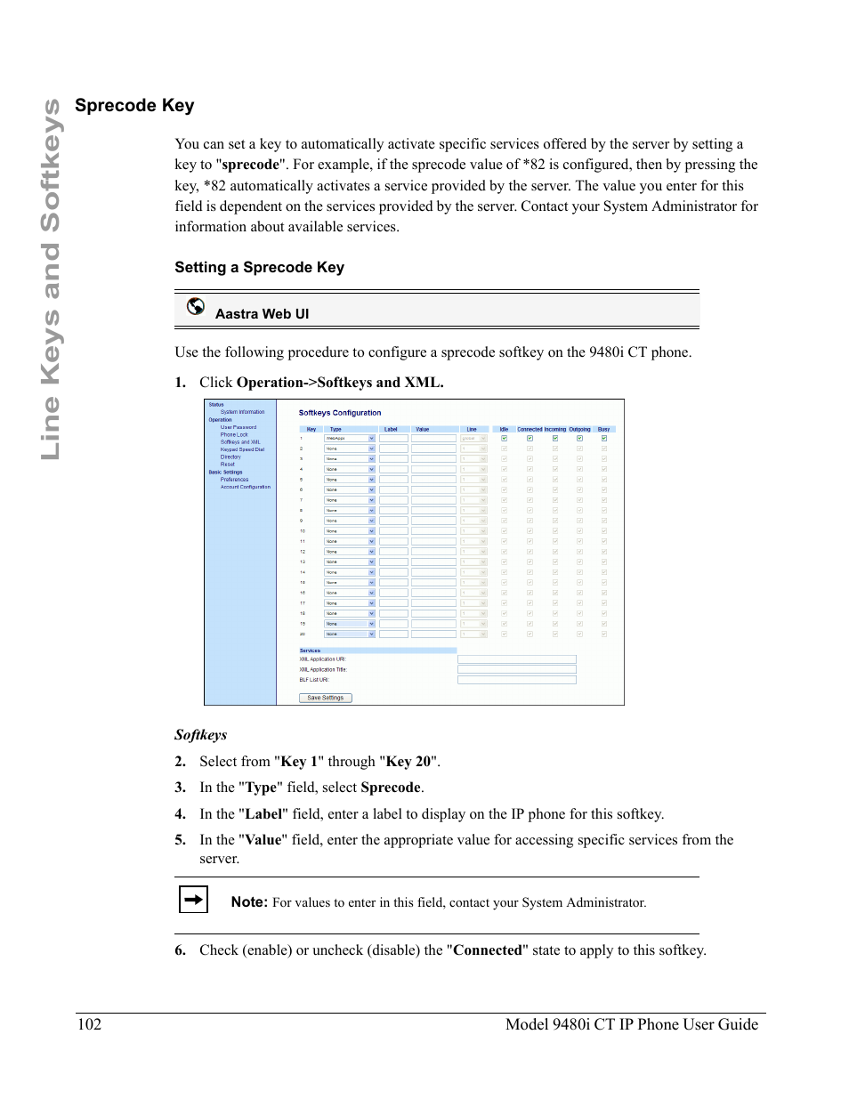 Sprecode key, Setting a sprecode key, Line keys and softkeys | Aastra Telecom 9480i CT User Manual | Page 112 / 290