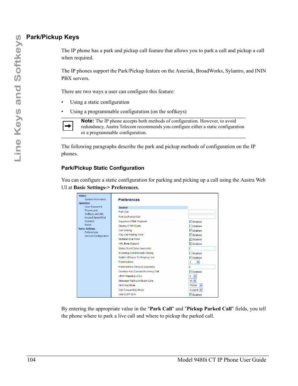 Park/pickup keys, Park/pickup static configuration, Line keys and softkeys | Aastra Telecom 9480i CT User Manual | Page 114 / 290