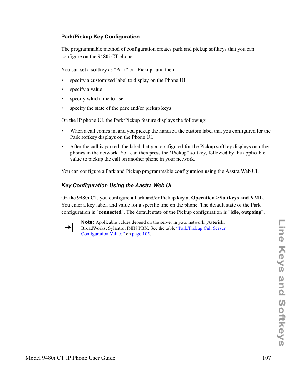 Park/pickup key configuration, Key configuration using the aastra web ui, Line keys and softkeys | Aastra Telecom 9480i CT User Manual | Page 117 / 290