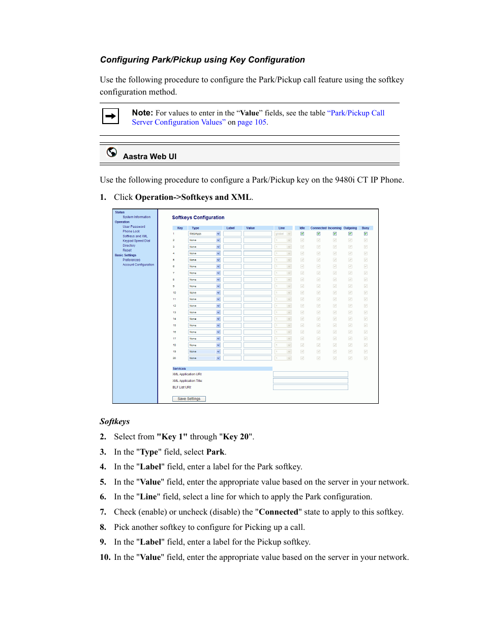 Configuring park/pickup using key configuration | Aastra Telecom 9480i CT User Manual | Page 118 / 290