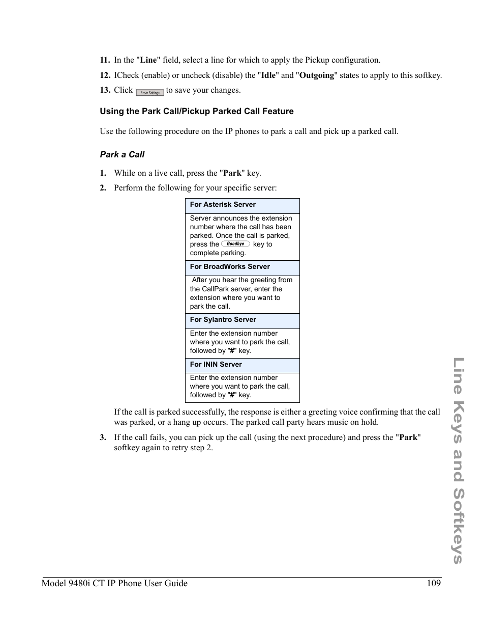 Using the park call/pickup parked call feature, Park a call, Line keys and softkeys | Aastra Telecom 9480i CT User Manual | Page 119 / 290