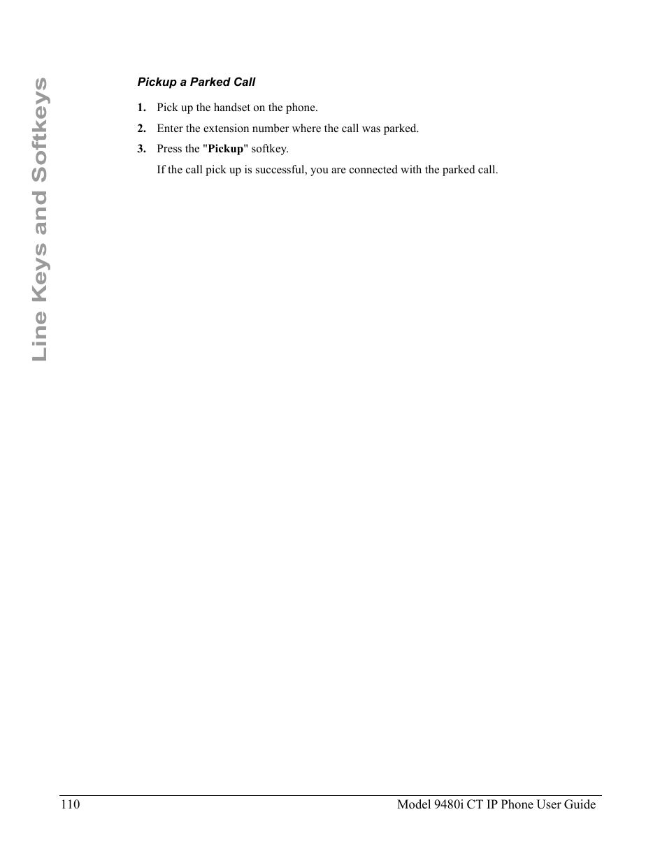 Pickup a parked call, Line keys and softkeys | Aastra Telecom 9480i CT User Manual | Page 120 / 290