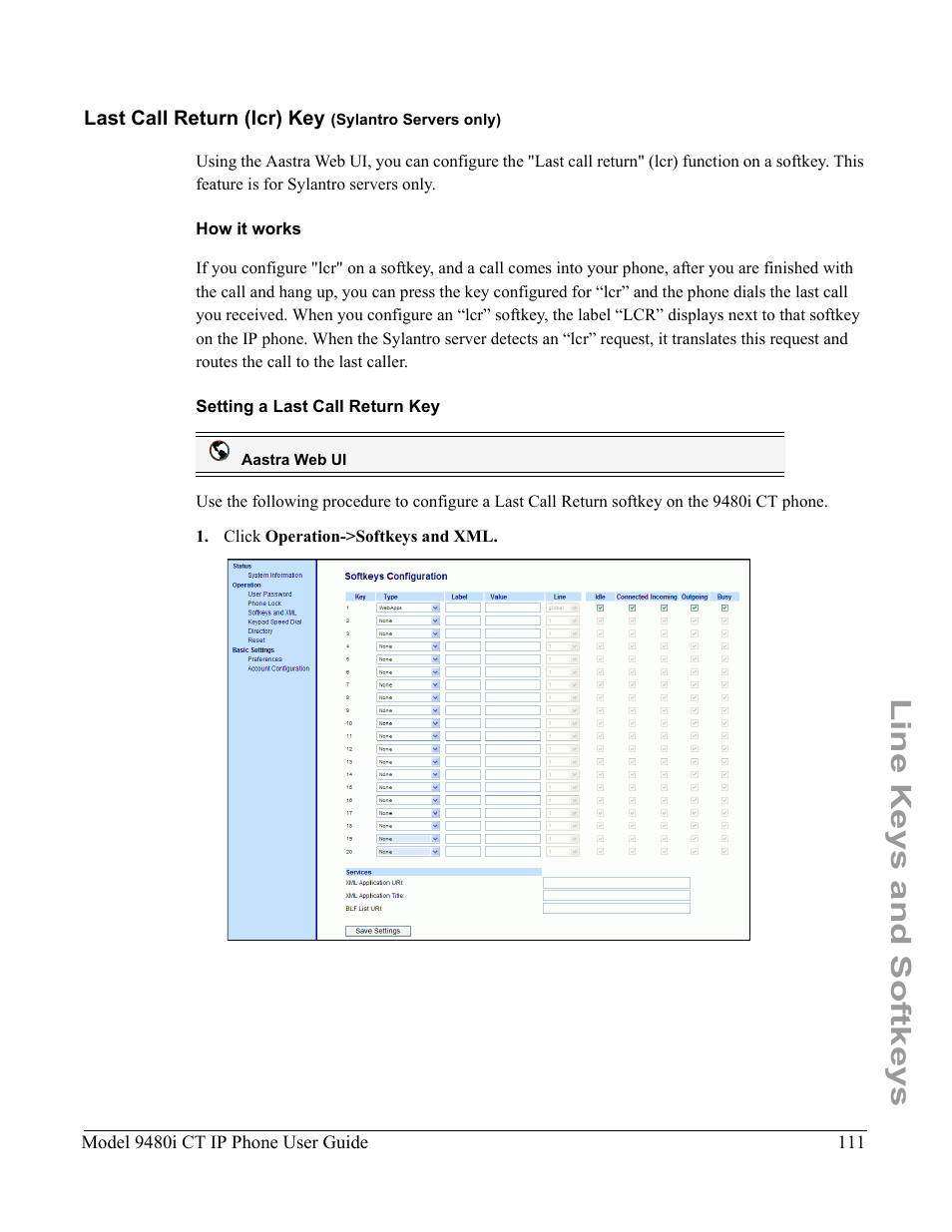 Last call return (lcr) key (sylantro servers only), How it works, Setting a last call return key | Line keys and softkeys | Aastra Telecom 9480i CT User Manual | Page 121 / 290