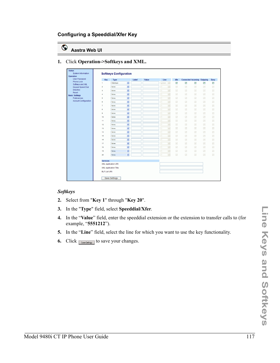 Configuring a speeddial/xfer key, Line keys and softkeys | Aastra Telecom 9480i CT User Manual | Page 127 / 290