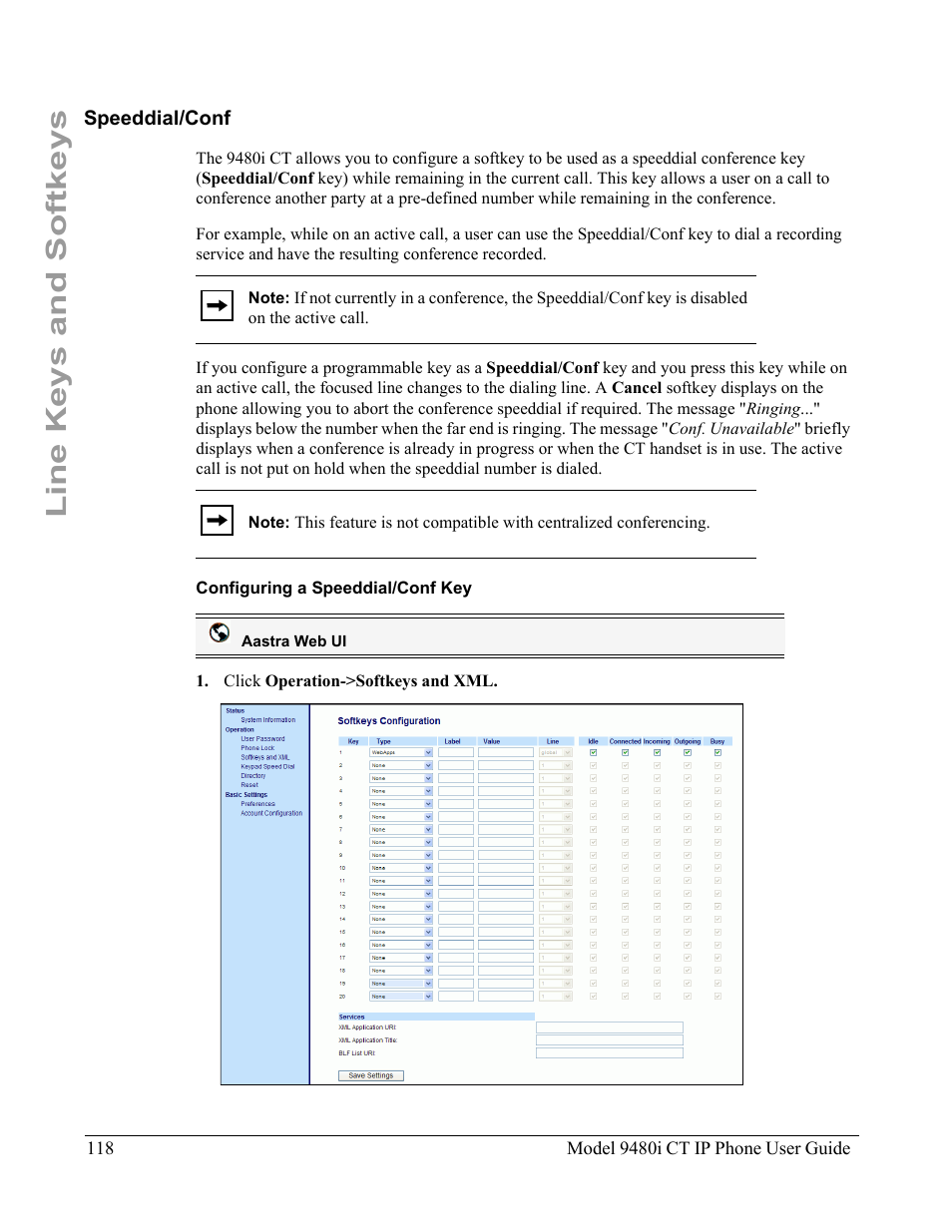 Speeddial/conf, Configuring a speeddial/conf key, Line keys and softkeys | Aastra Telecom 9480i CT User Manual | Page 128 / 290