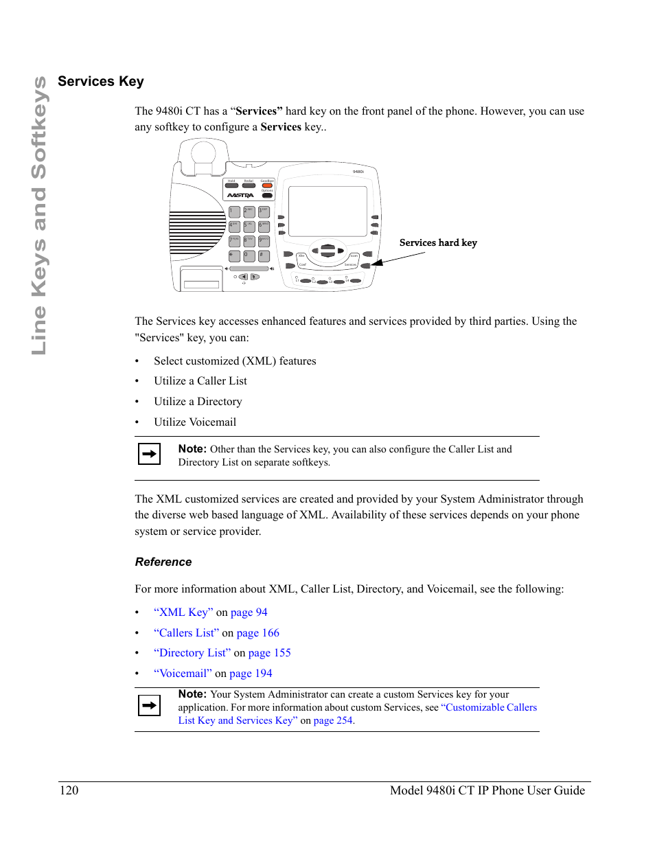 Services key, Reference, Line keys and softkeys | Aastra Telecom 9480i CT User Manual | Page 130 / 290
