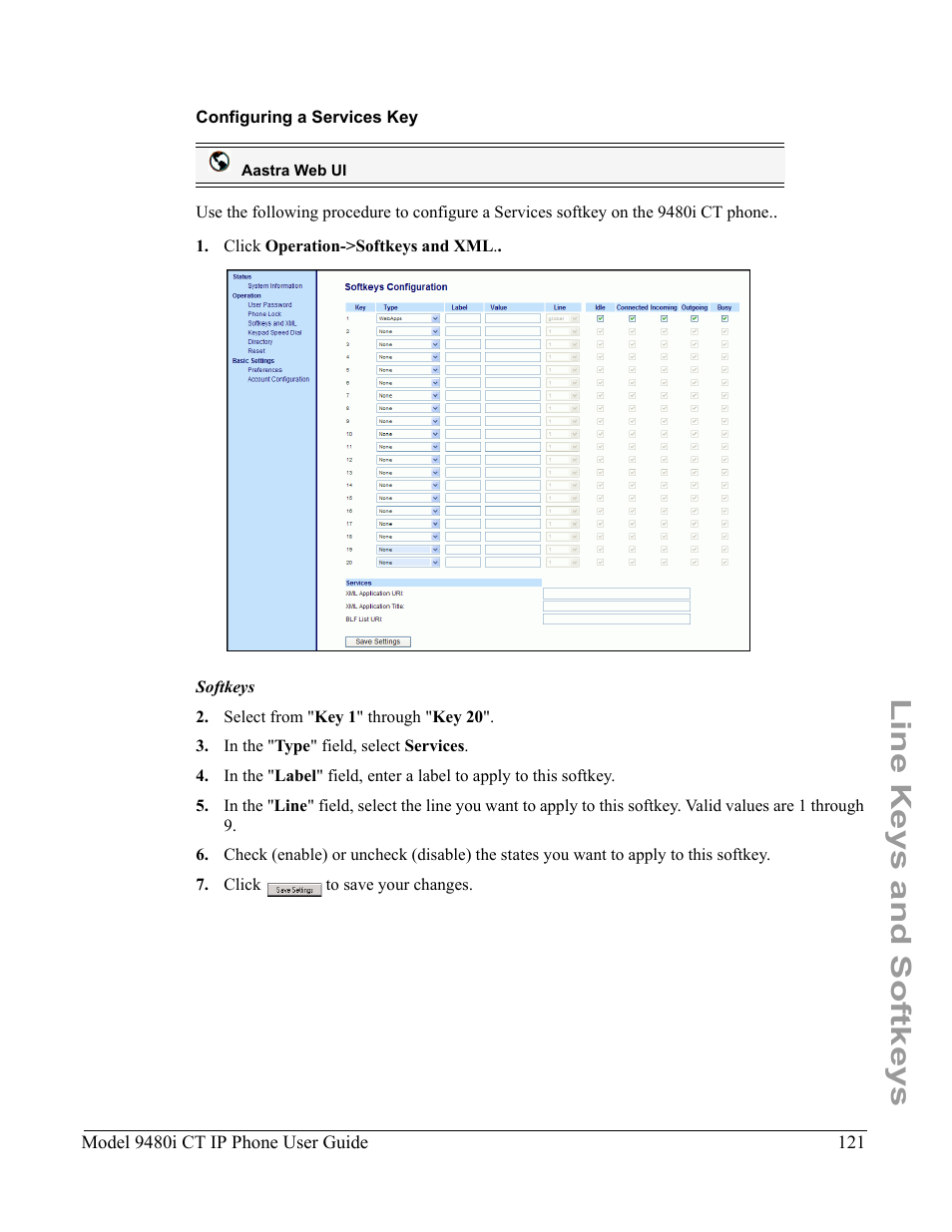 Configuring a services key, Line keys and softkeys | Aastra Telecom 9480i CT User Manual | Page 131 / 290