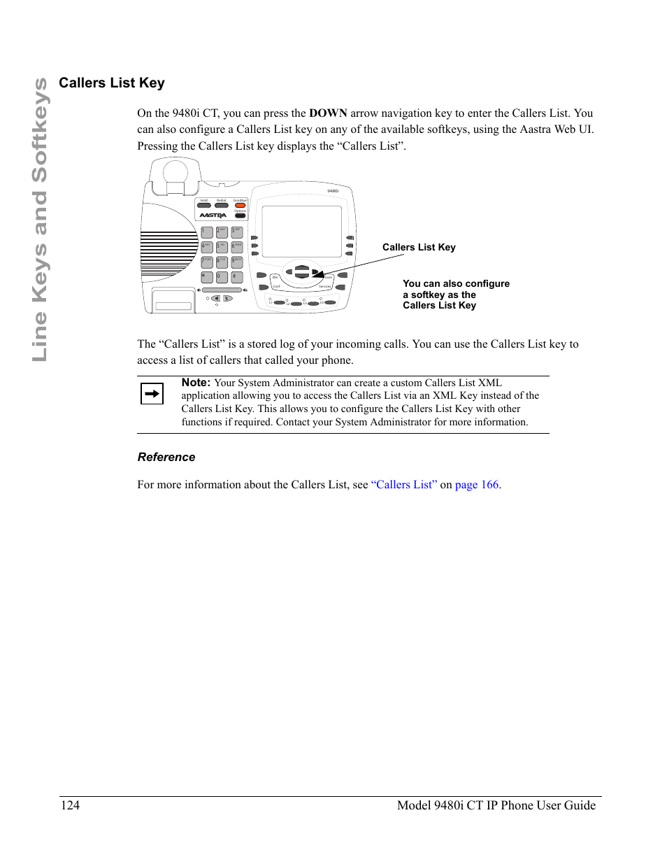Callers list key, Reference, Line keys and softkeys | Aastra Telecom 9480i CT User Manual | Page 134 / 290