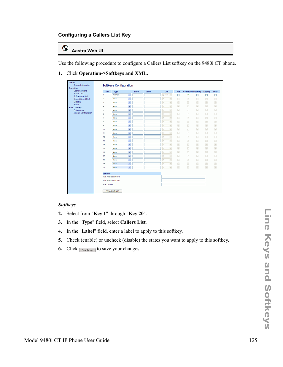Configuring a callers list key, Line keys and softkeys | Aastra Telecom 9480i CT User Manual | Page 135 / 290