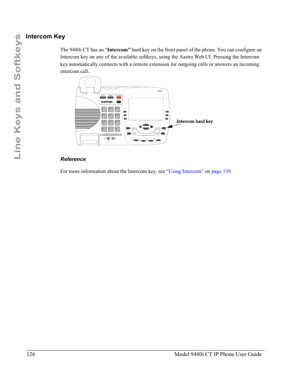 Intercom key, Reference, Line keys and softkeys | Intercom hard key | Aastra Telecom 9480i CT User Manual | Page 136 / 290