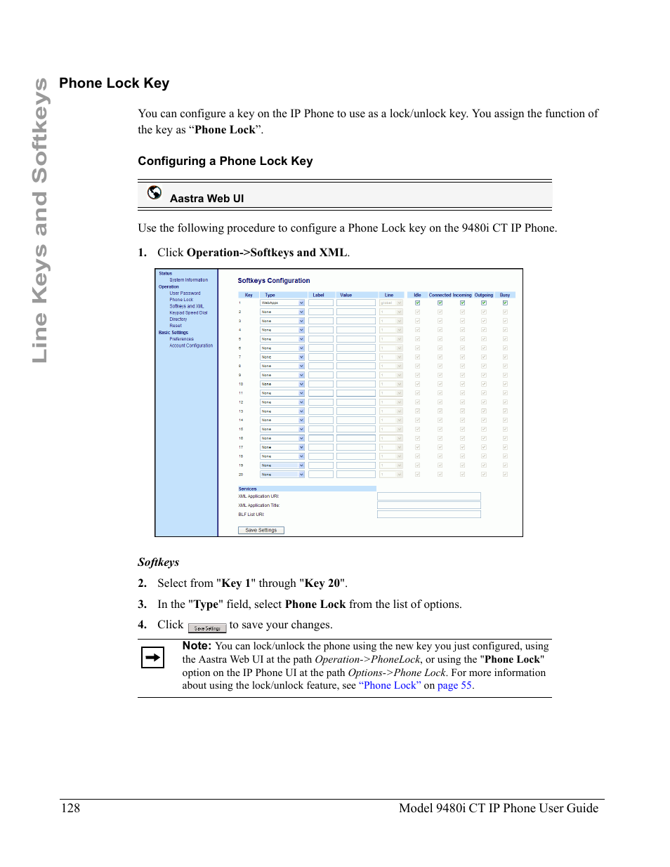 Phone lock key, Configuring a phone lock key, Line keys and softkeys | Aastra Telecom 9480i CT User Manual | Page 138 / 290